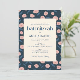 Modern Navy Blue Rosa Boho Blommigt Bat mitzvah Inbjudningar