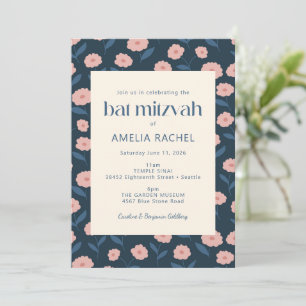 Modern Navy Blue Rosa Boho Blommigt Bat mitzvah Inbjudningar
