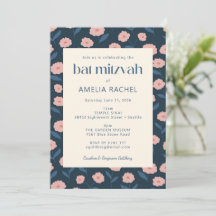 Modern Navy Blue Rosa Boho Blommigt Bat mitzvah OS