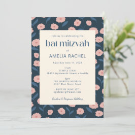 Modern Navy Blue Rosa Boho Blommigt Bat mitzvah OS Inbjudningar