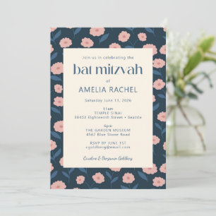 Modern Navy Blue Rosa Boho Blommigt Bat mitzvah OS Inbjudningar