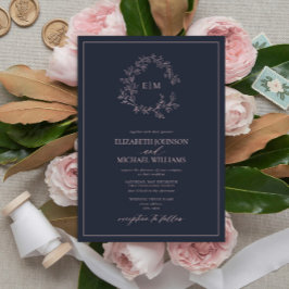 Modern Navy Blue  Rosa Monogram Bröllop Inbjudningar