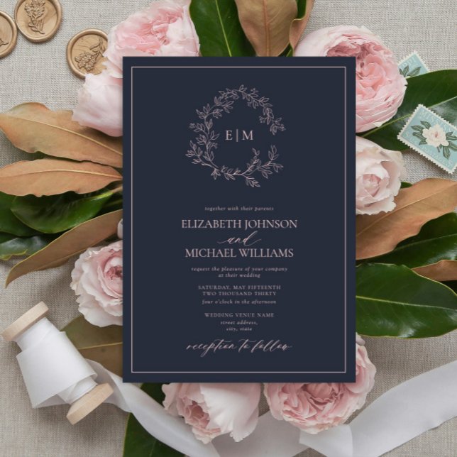 Modern Navy Blue  Rosa Monogram Bröllop Inbjudningar (Skapare uppladdad)