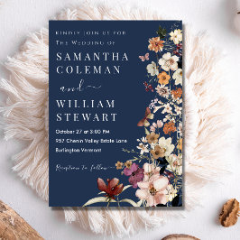 Modern Navy Blue Rustic Boho Wildblomma Bröllop Inbjudningar