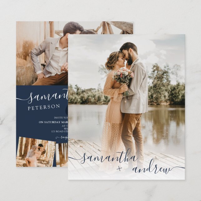 Modern navy blue script 5 foton budget bröllop (Fram/baksida)