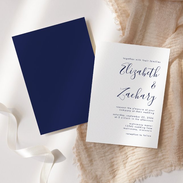 Modern Navy Blue Script Bröllop Inbjudningar (Skapare uppladdad)