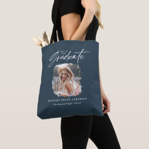 Modern navy blue script elegant studenten tygkasse