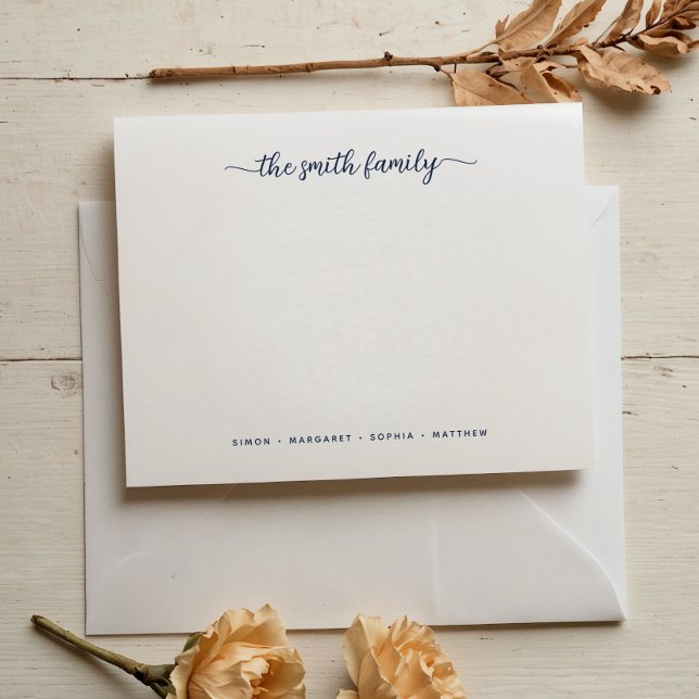Modern Navy Blue Script Family Stationery Anteckningskort (Skapare uppladdad)
