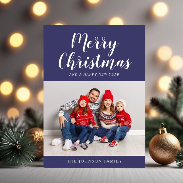 Modern Navy Blue Script-julfoto Julkort (Modern Navy Blue Script Christmas Photo Holiday Card)