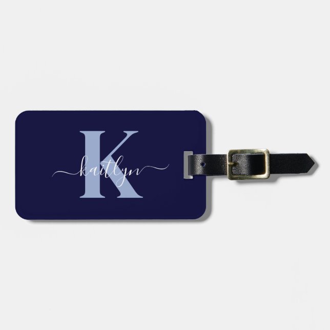 Modern Navy Blue Script Monogram Bagagebricka (Horisontell Framsida)