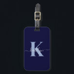 Modern Navy Blue Script Monogram Bagagebricka<br><div class="desc">Den här enkla, elegant marinblå bagagetaggen med det första namn i ett typsnitt av trendiget i vitt, som skrivs över ditt första, i ett modernt typsnitt med hylsan i ljusblått på ena sidan och en bild i kortet för ditt namn, adress och mobila nummer på den andra, skulle se fantastisk...</div>