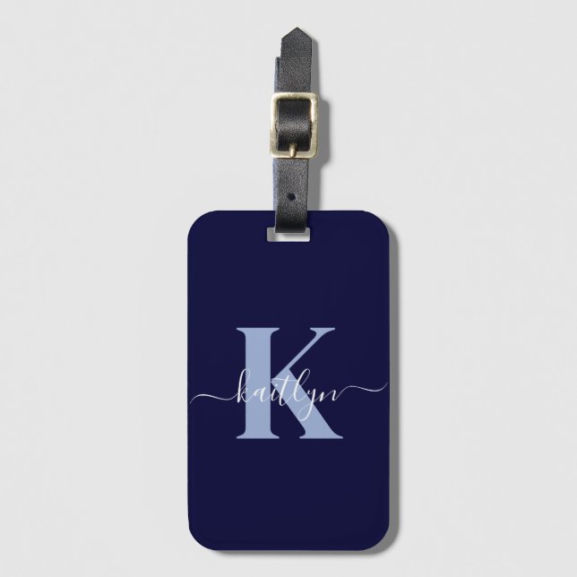 Modern Navy Blue Script Monogram Bagagebricka (Framsida vertikal)