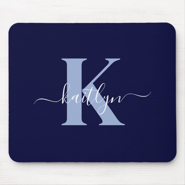 Modern Navy Blue Script Monogram Musmatta (Framsidan)