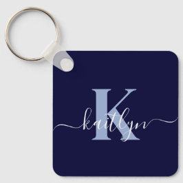 Modern Navy Blue Script Monogram Nyckelring