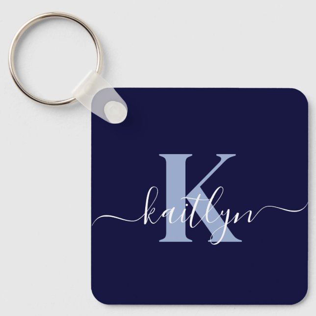 Modern Navy Blue Script Monogram Nyckelring (Framsida)