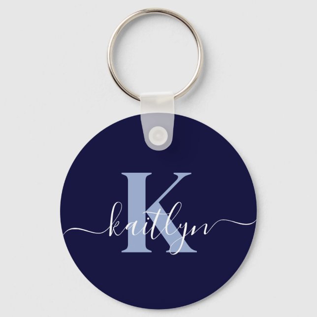 Modern Navy Blue Script Monogram Nyckelring (Framsida)