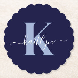 Modern Navy Blue Script Monogram Underlägg Papper