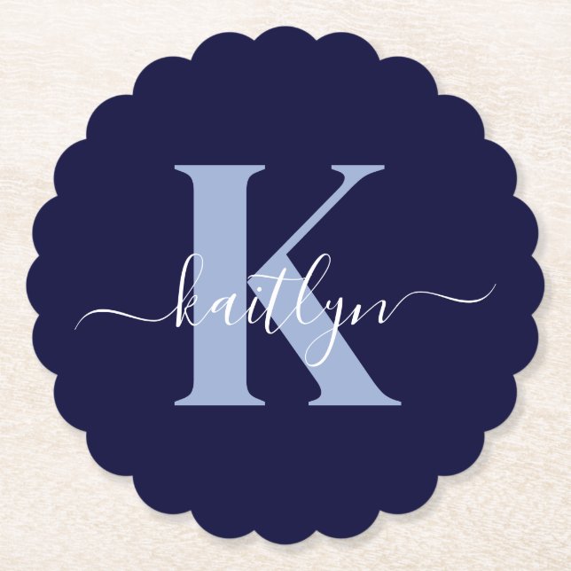 Modern Navy Blue Script Monogram Underlägg Papper (Framsida)
