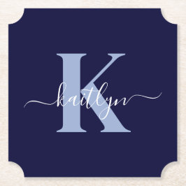 Modern Navy Blue Script Monogram Underlägg Papper