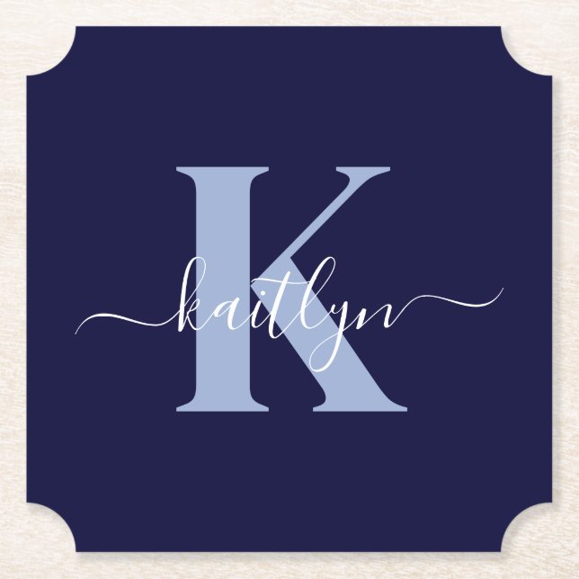 Modern Navy Blue Script Monogram Underlägg Papper (Framsida)