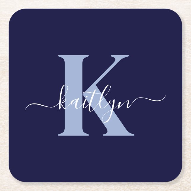 Modern Navy Blue Script Monogram Underlägg Papper Kvadrat (Framsidan)