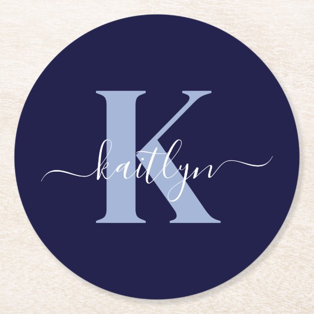 Modern Navy Blue Script Monogram Underlägg Papper Rund (Framsidan)