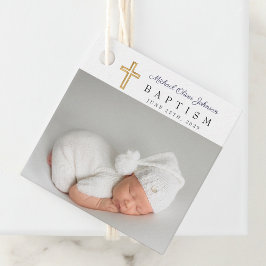 Modern Navy Blue Script Photo Baptism Gåvor Etiketter