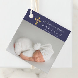 Modern Navy Blue Script Photo Baptism Tack Gåvor Etiketter