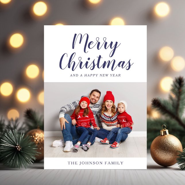 Modern Navy Blue Script Photo Jul Julkort (Modern Navy Blue Script Photo Christmas Holiday Card)