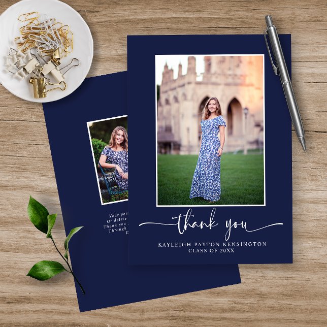 Modern Navy Blue Script Studenten Photo Tack Kort (Skapare uppladdad)