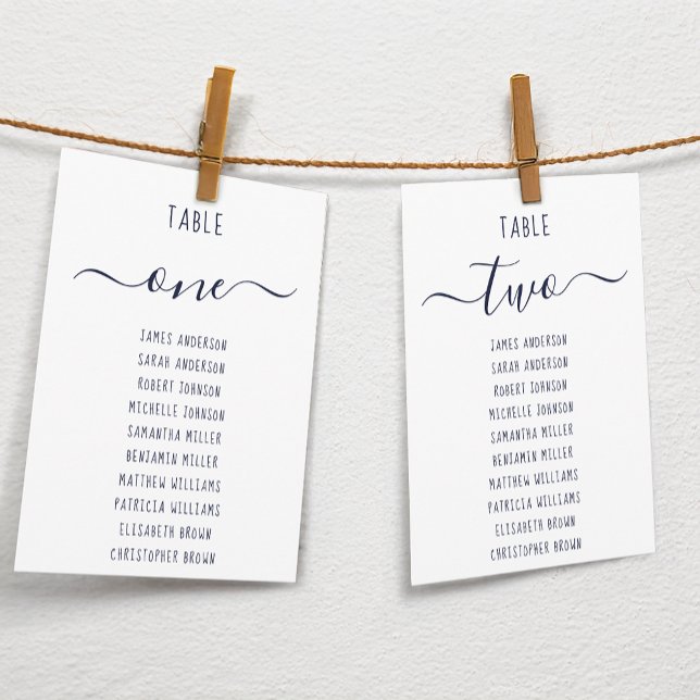 Modern  Navy Blue Script White Seating Chart Card (Skapare uppladdad)