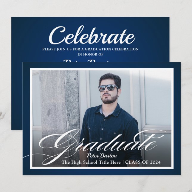 Modern Navy Blue Silver Script Photo Grad Party Inbjudningar (Fram/baksida)