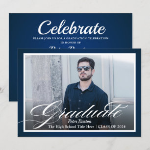 Modern Navy Blue Silver Script Photo Grad Party Inbjudningar