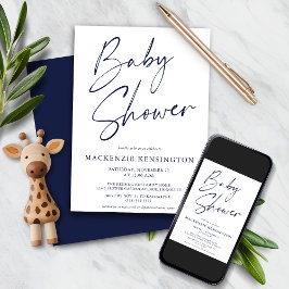 Modern Navy Blue Simple Script Baby Shower Inbjudningar