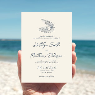 Modern Navy Blue Snäcka Beach Destinationsbröllop Inbjudningar