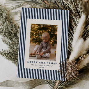 Modern Navy Blue Streck-julfamiljfoto Julkort