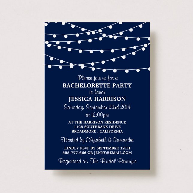 Modern Navy Blue String Ljus Bachelorette Party Inbjudningar (Skapare uppladdad)