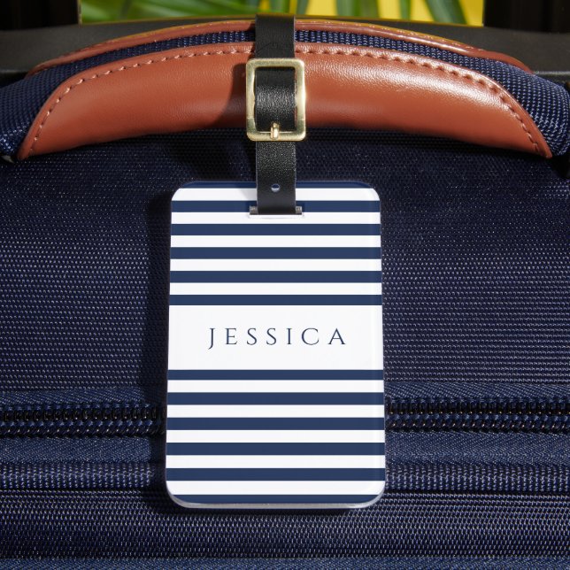 Modern Navy Blue Stripe Mönster Bagagebricka (Framsida Insitu 2)