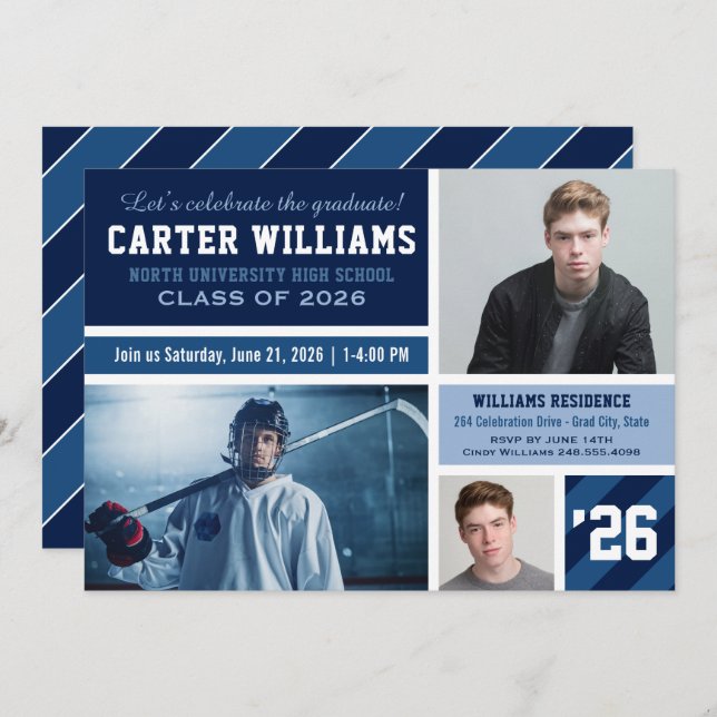 Modern Navy Blue Stripe Studenten Photo Collage Inbjudningar (Fram/baksida)