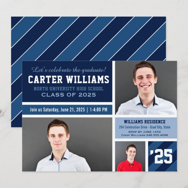 Modern Navy Blue Stripe Studenten Photo Collage Inbjudningar (Fram/baksida)