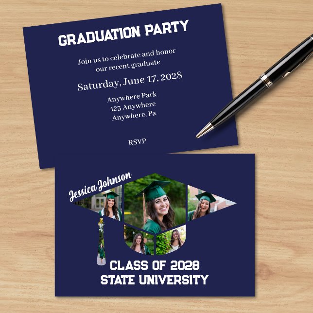 Modern Navy Blue Studenten Photo Collage Party Inbjudningar (Modern Navy Blue Party Invitation with a Graduation Cap Shape Photo Collage )