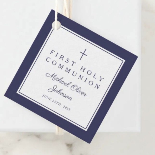 Modern Navy Blue Thank You Boy First Communion Gåvor Etiketter (Modern Navy Blue Thank You Boy First Communion Favor Tags)
