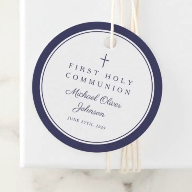 Modern Navy Blue Thank You Boy First Communion Gåvor Etiketter (Modern Navy Blue Thank You Boy First Communion Favor Tags)