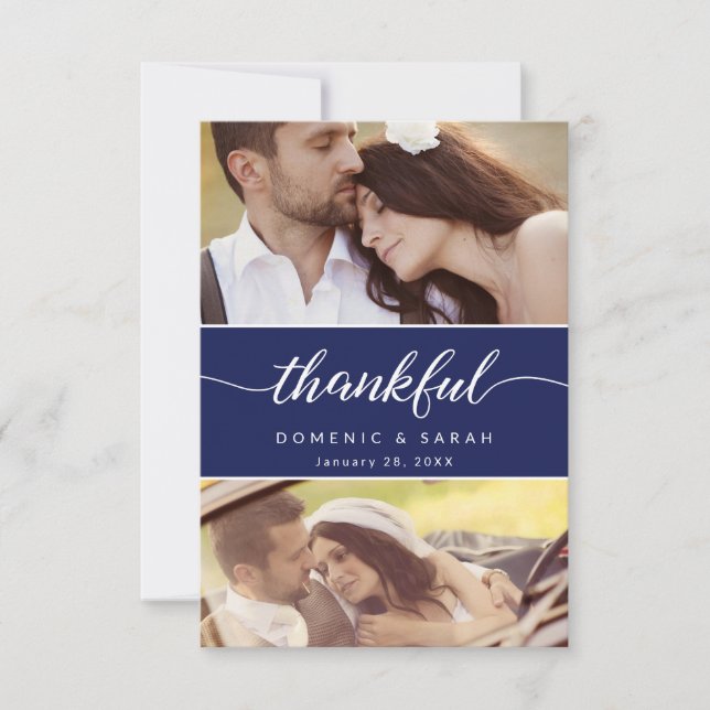 Modern Navy Blue Thankful script Bröllop Foton Tack Kort (Framsida)