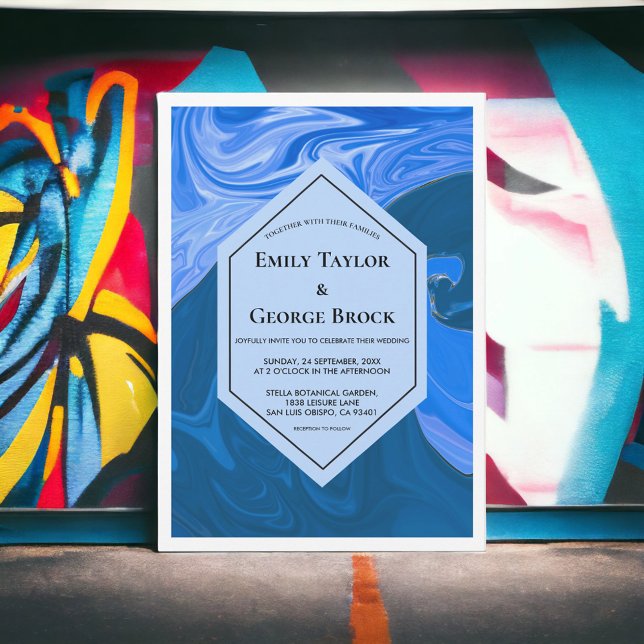 Modern Navy Blue Vågar Abstrakt Artistic Bröllop Inbjudningar (Skapare uppladdad)