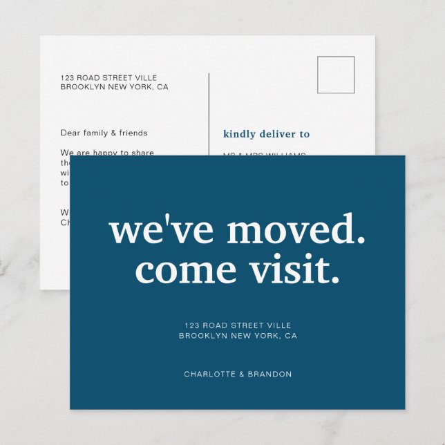 Modern Navy Blue Vi har flyttat Flytta Meddelande Vykort (Fram/baksida)