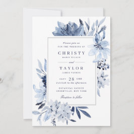 Modern Navy Blue Watercolor Blommigt Bröllop Inbjudningar