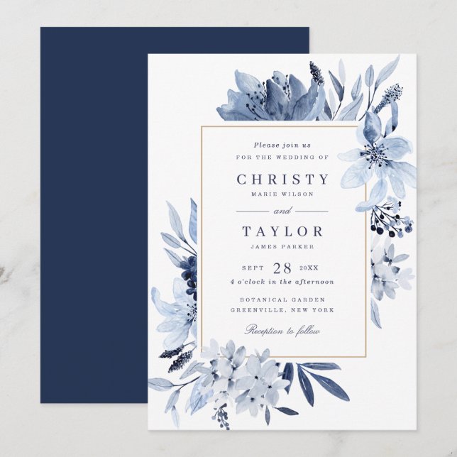 Modern Navy Blue Watercolor Blommigt Bröllop Inbjudningar (Fram/baksida)