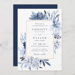 Modern Navy Blue Watercolor Blommigt Bröllop Inbjudningar