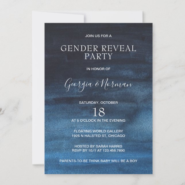 Modern Navy Blue Watercolor Tvättar Gender Reveal Inbjudningar (Framsida)